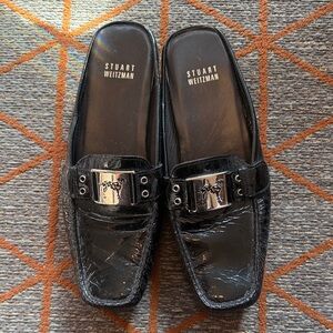 Stuart Weitzman Black Patent Leather Slip-On Loafer Mules